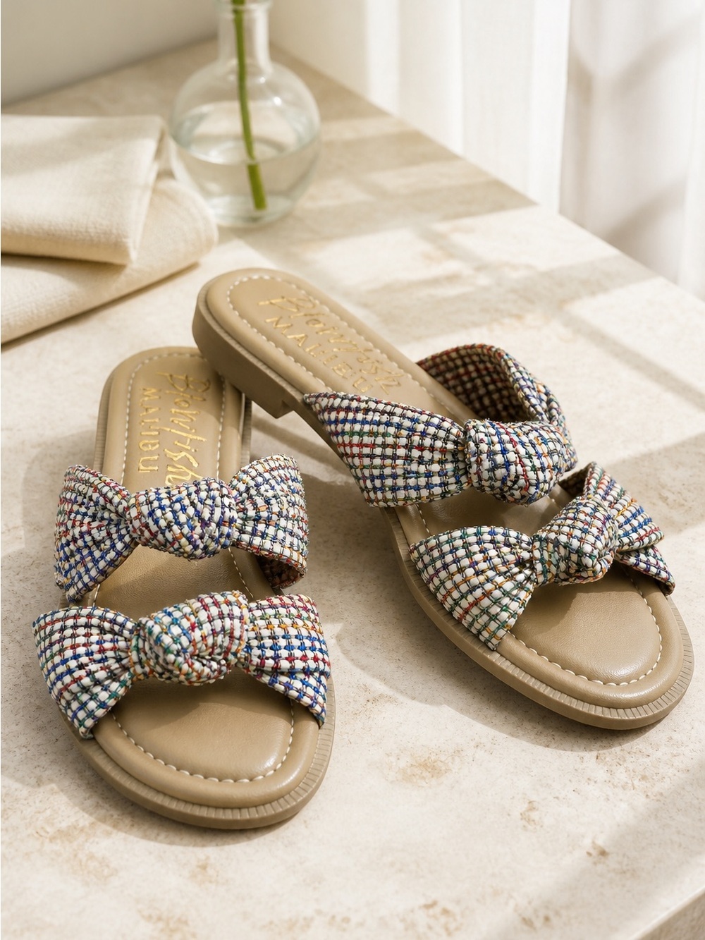 Blowfish Tweed Multi-Color Knot Slide Sandals with Tan Footbed
